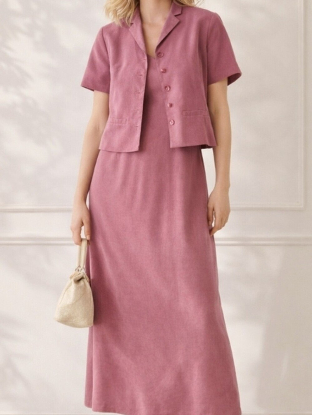 Vintage Monsoon 2 Piece Dress Set UK Made Pink Textured Blazer Slip Dress Rare